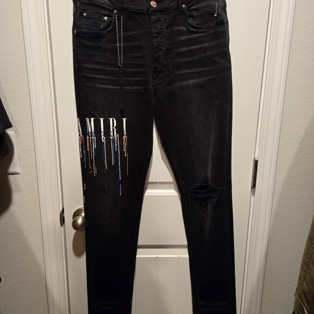 Amiri Black Distressed Jeans with Colorful Paint Drip
